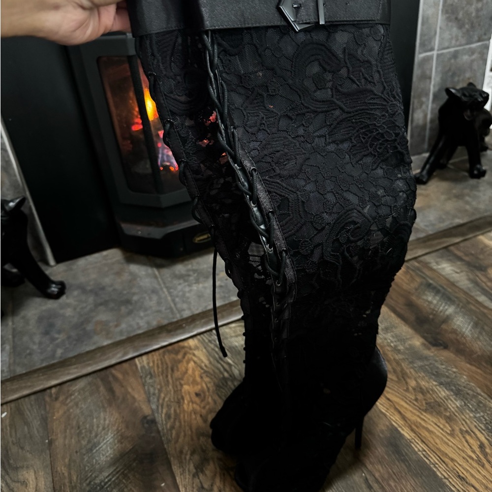 Hustler Hollywood Black Lace Over-the-Knee Stiletto Boots